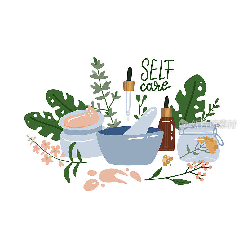 Organic and natural cosmetics. Cream, lotion, serum, mortar and pestle. Self care concept. All elements are isolated. Flat vector illustration. Side view in tubes and bottels.